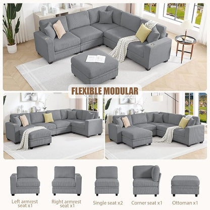 97" Modular Sectional Sofa with Storage, Corduroy 6-Seater V-Shaped Sofa with Ottoman Chaise, Convertible L-Shaped U-Shaped Cloud Sectional Couches for Living Room, Apartment