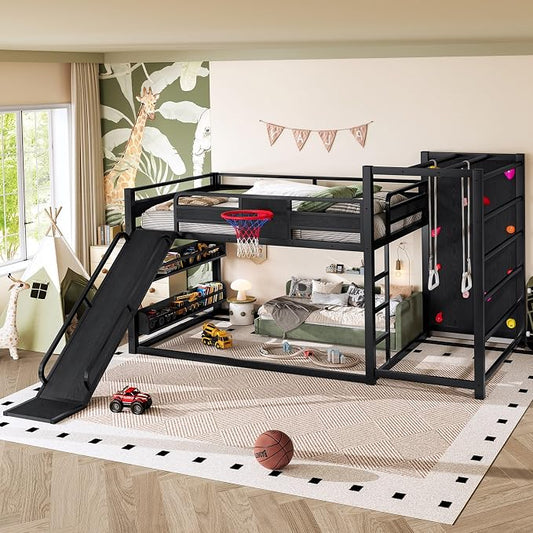 Harper & Bright Designs Floor Bunk Bed with Built-in Bookshelves and Basketball Hoop, Full Over Full Metal Bunk Bed with Slide, Climbing Wall, Pull-Up Rings for Sports Enthusiasts, Black