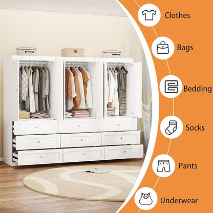 Wooden Wardrobe Closet with Doors: 75" Tall White Armoire Wardrobe Closet with 9 Drawers and 6 Doors, Modern Clothes Cabinets for Bedroom Armoires with Hanging Rod (9-Drawers, 94.5")