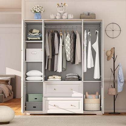 Bedroom Armoire Wardrobe Closet with Drawers: White Wardrobe Closet for Hanging Clothes, Large Wardrobes Storage Closets, Wood Closets Cabinets with Doors and Shelves (White, 59")