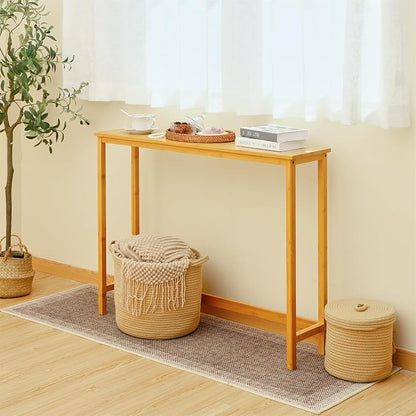 Bamboo Narrow Console Table, 39.4"(L) Wood Small Entryway Table, Accent Slim Hallway Tables, Thin Sofa Side Tables for Hallway, Living Room, Bedroom, Foyer, Burlywood