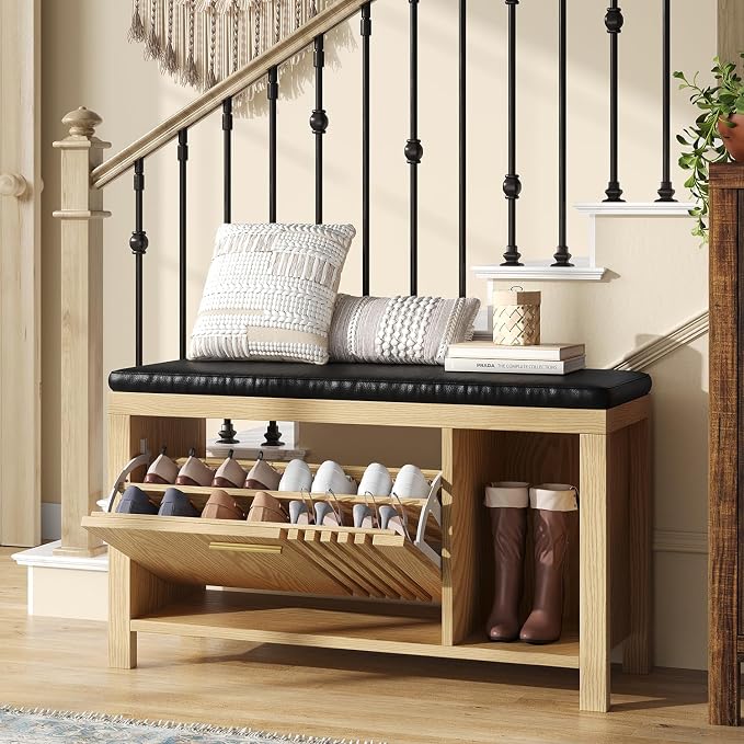UNIQUITE 40" Shoe Storage Bench with Flip Drawers & Padded Seat Cushion, Open Compartments & Slatted Doors, Entryway Bench with Shoe Storage for Entryway, Hallway, Living Room, Bedroom, Natural