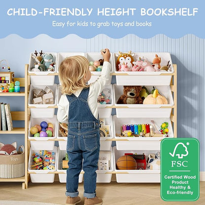 EXPERLAM Toy Storage Organizer, Toy Storage Shelf with 3 Shelves and 16 Storage Bins (12 Small + 4 Large), 3-in-1 Kids Bookshelf for Kids Rooms, Playroom, Nursery, White