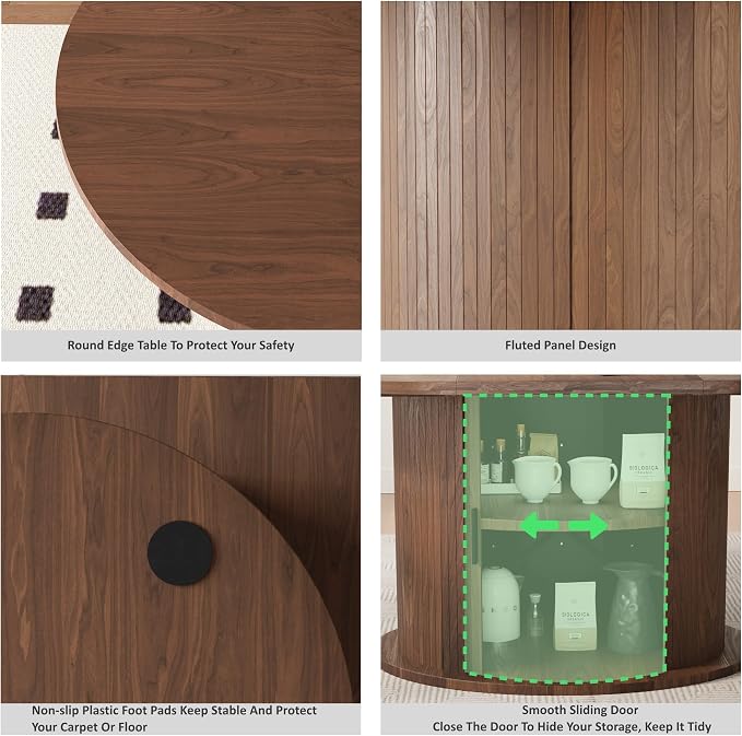 Dining Table for 4-6, 63“Extendable Round Dining Room Kitchen Table with 2-Tier Storage Shelf, Fluted Wood Table with Slide Door, Expandable Wood Oval Dinner Furniture with Pedestal Base (Walnut)