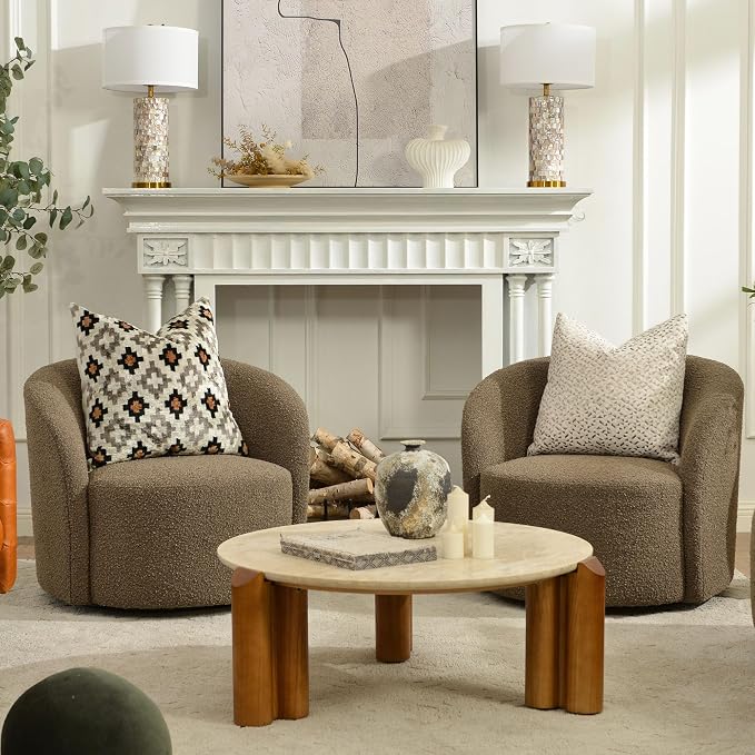 KINWELL 34" W Swivel Barrel Chair Set of 2, Mid Century Modern Round Upholstered Boucle Swivel Accent Chairs, No Assembly Sofa Chair for Living Room Bedroom Reading, Teddy Brown