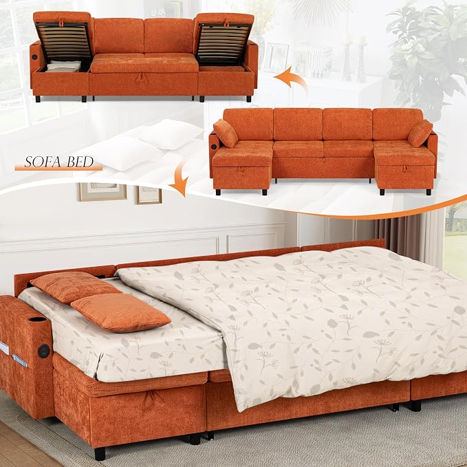110 Inch Sleeper Sofa Bed w/7 Angles Adjustable Backrests, Chenille sectional Sofa Bed w/USB Port, Convertible U-Shaped Couch Bed w/Storage Chaise & Thicker Cushions for Living Room, Orange
