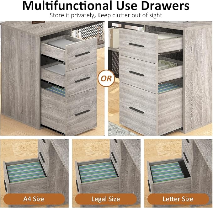 HSH Large L Shaped Desk with Storage File Cabinet，Corner L-Shaped Computer Desk with Drawers Shelves, Home Office Bedroom Metal Wood Study Writing Table Executive Workstation, Light Grey Oak, 59 Inch