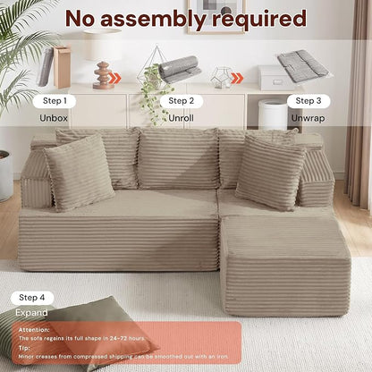 Korser Boneless Couches for Living Room, Cloud Couch Sectional with Ottoman, L-Shaped Sofa with Fluffy Comfy Corduroy Deep Seat, Bedroom, Apartment, No Assembly Required