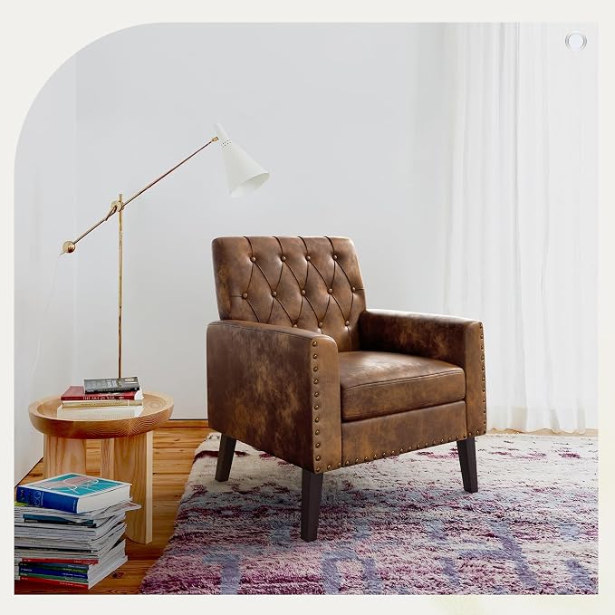 LUE BONA Yellowish Brown Faux Leather Accent Chairs Set of 2 18.5" H, Button Tufted Arm Chairs, Comfy Living Room Chair with Arms, Upholstered Modern Armchair for Living Room, Bedroom
