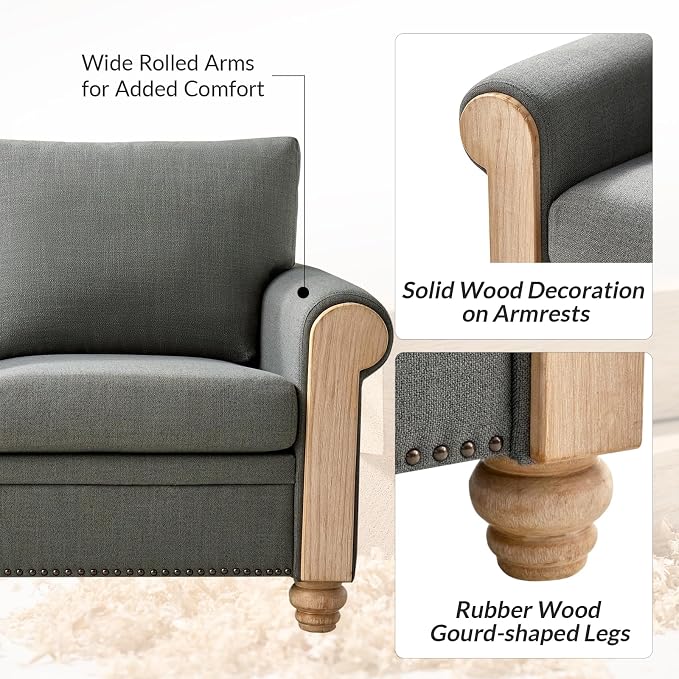 Farmhouse Loveseat with Rolled Arms,Stripe Modern Sofa with Brushed Wood Gourd Feet & Copper Nailhead Trim, Linen Fabric Upholstered Couches for Living Room, Charcoal