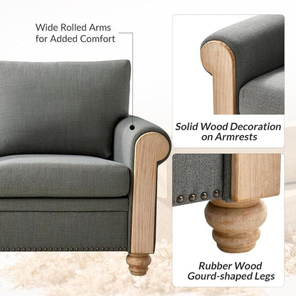 Farmhouse Loveseat with Rolled Arms,Stripe Modern Sofa with Brushed Wood Gourd Feet & Copper Nailhead Trim, Linen Fabric Upholstered Couches for Living Room, Charcoal