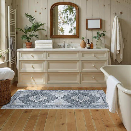 RELEANY Area Rugs Runner 2'x5' Washable Non-Slip, Floral Vintage Distress Medallion Carpet for Kitchen Hallway Bedroom Beside Laundry Room Bathroom, Light Gray Grey White