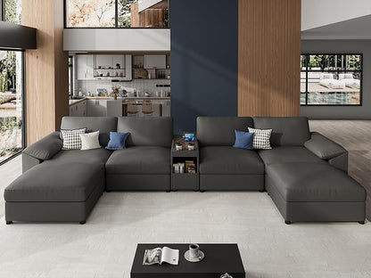 EASE MOOSE Leather Sectional Couch with Console, Oversized Modular Sectional Sofas, Wide Deep Seat Modular Couch, Scratch Resistant Faux Leather Material, U Shaped Sofa for Big Spaces,Grey