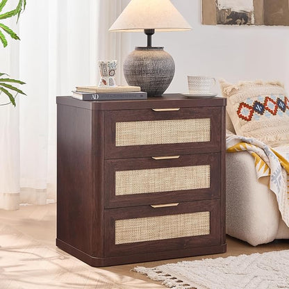 LEYAOYAO Rattan Night Stand with Drawers, 23" Large 3 Drawer Boho Nightstand, Walnut Bedside Table Storage Cabinet, Bed Side End Tables Dresser for Bedroom, Living Room, Hallway, Closet