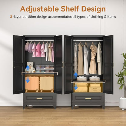 Polup Metal Armoire Wardrobe Closet with Drawer, 71“ Tall Wardrobe with Doors and Shelves, Metal Wardrobes Closet with Hanging Rod, for Bedroom, Garage, Laundry, Black