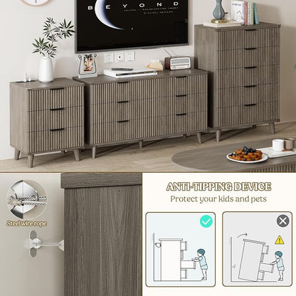 Lulive Wood Dresser for Bedroom with 6 Drawers, 53.2" Long Fluted Modern Chest of Drawers Storage Organizer, Dressers TV Stand for Living Room, Closet, Hallway (Dark Grey Oak)