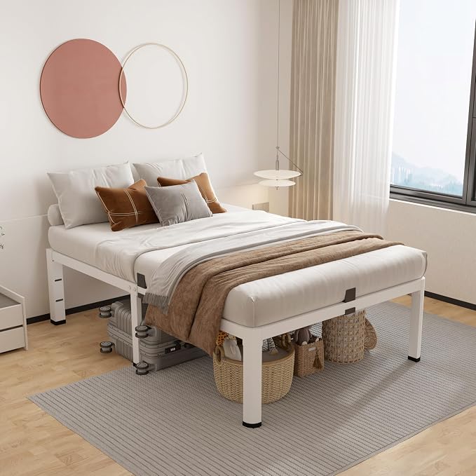 ROIL 18 Inch White Twin XL Bed Frame with Rounded Corner and Headboard Hole Mattress Retainers 3500LBS Heavy Duty Steel Slats No Box Spring Needed Platform Noise-Free Easy Assembly