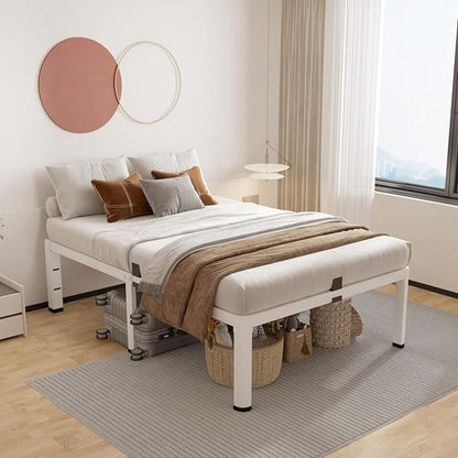 ROIL 18 Inch White Twin Size Bed Frame with Rounded Corner and Headboard Hole Mattress Retainers 3500LBS Heavy Duty Steel Slats No Box Spring Needed Platform Noise-Free Easy Assembly
