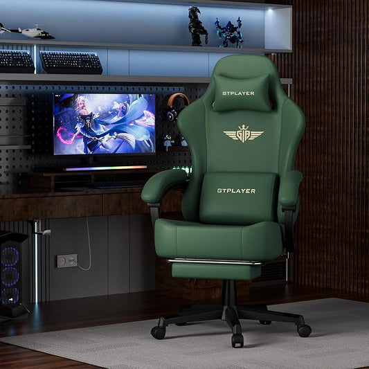 GTPLAYER Gaming Chair with Pocket Spring Cushion, Big and Tall Gamings Chairs 350LBS High Back Computer Chair with Footrest for Adults Lumbar Support Swivel Game Chair for Office, Leather Green