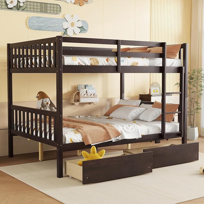 Harper & Bright Designs Full Over Full Bunk Bed with 2 Drawers, Convertible into 2 Beds, Bunk Bed with Ladder and Safety Guardrails, Espresso