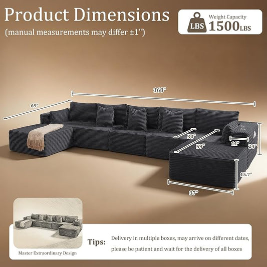 168" Cloud Sectional Couch, Comfort U Shaped Sofa for Living Room, Extra Deep Seats No Assembly, Minimalist Modular Couch, Corduroy (Dark Grey, 7 Seats,U-Shape A)
