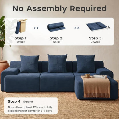 118" Sectional Boneless Oversize Modular Couches, Curved Cloud Sofa for Living Room, Corduroy U Shape Deep Seat Sofa with 2 Ottomans & 3 Throw Pillows,No Assembly Required,Navy Blue