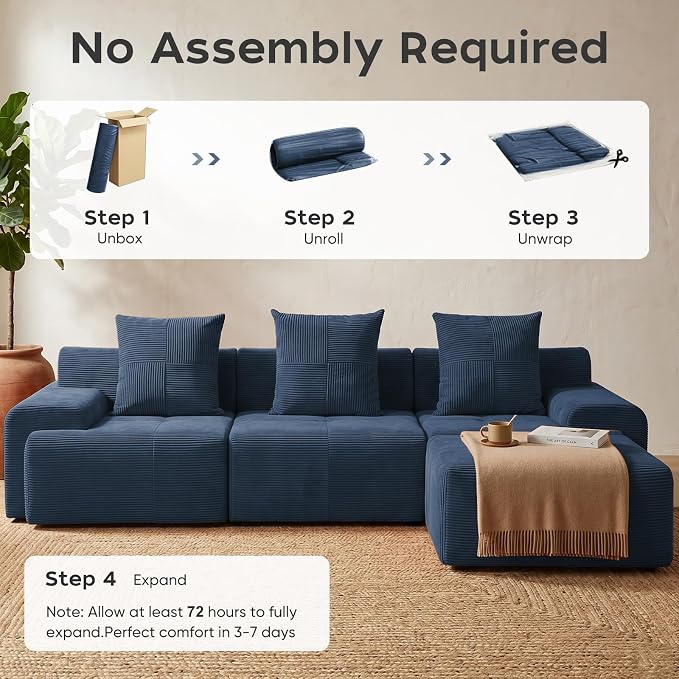 118" Sectional Boneless Oversize Modular Couches, Curved Cloud Sectional Sofa for Living Room, Corduroy L Shape Deep Seat Sofa with Ottoman & 3 Throw Pillows, No Assembly Required,Navy Blue