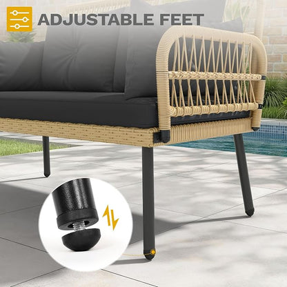 DWVO Outdoor Loveseat, Patio Wicker Furniture Set with Cushion & Adjustable Feet, Patio Couch for Garden, Balcony, and Porch, Black