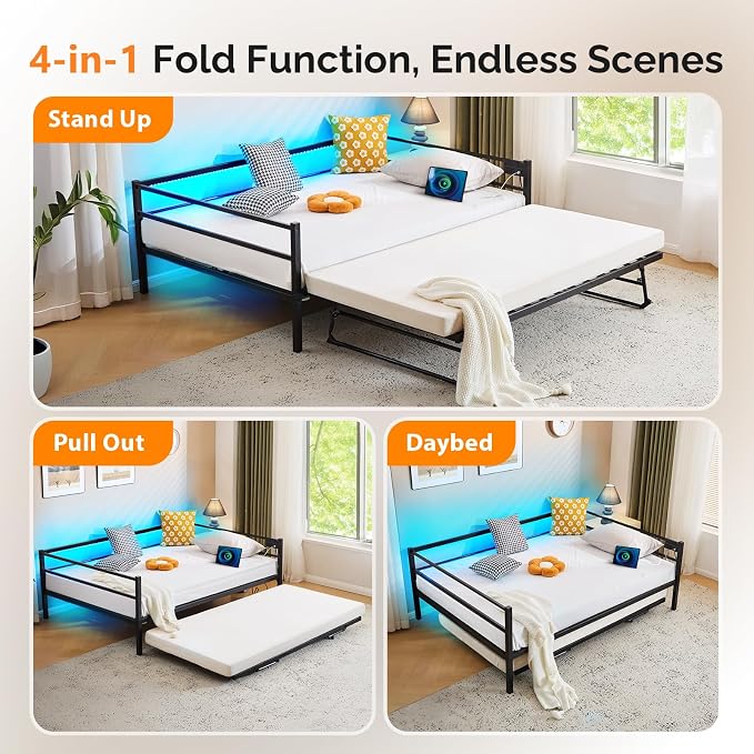 VINGLI Daybed with Trundle Bed Twin, Charging Station and LED Lights,Heavy Duty Metal Twin Daybed with Pop up Trundle for Living Room,Bedroom,Guest Room, No Box Spring Needed,Black