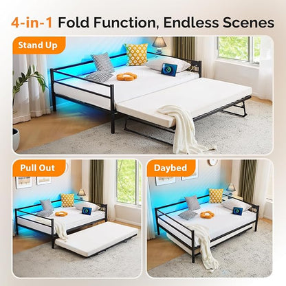VINGLI Daybed with Trundle Bed Twin, Charging Station and LED Lights,Heavy Duty Metal Twin Daybed with Pop up Trundle for Living Room,Bedroom,Guest Room, No Box Spring Needed,Black