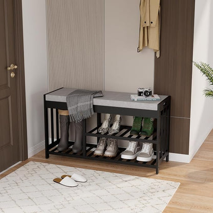 APRTAT 3-Tier Bamboo Shoe Rack Bench, Shoe Storage Organizer Bench, Entryway Benchs, Shoes Rack for Front Door Entrance, Entryway Bathroom Bedroom (Black, Large)