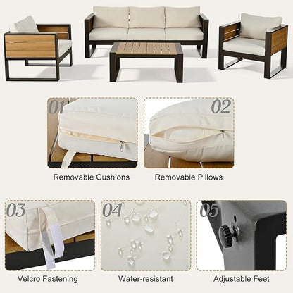 4-Piece Patio Conversation Set, Aluminum Frame Outdoor Patio Furniture Set w/ 3-Seater Sofa, 2 Armchairs with Fold-Out Side Tables, Coffee Table, All-Weather Sectional Sofa Set for Garden Backyard