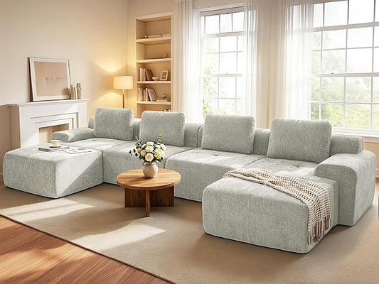 159" U Shaped Oversized Boneless Couch, Comfort Cloud Sectional Couches for Living Room, Modular Sofa High Back & Extra Deep Seat, No Assembly, Soft Chenille(Light Grey, 159 inch-U shaped（4+2）)