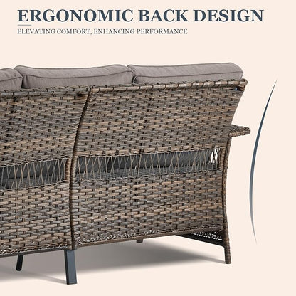 Patio Sofa 3-Seat Wicker Couch Brown PE Rattan Sofa with Deep Seating High Back Outdoor Sofa for Patio Garden Balcony Sunroom Backyard Deck Porch Poolside, Sofa(1PC), Brown|Blue