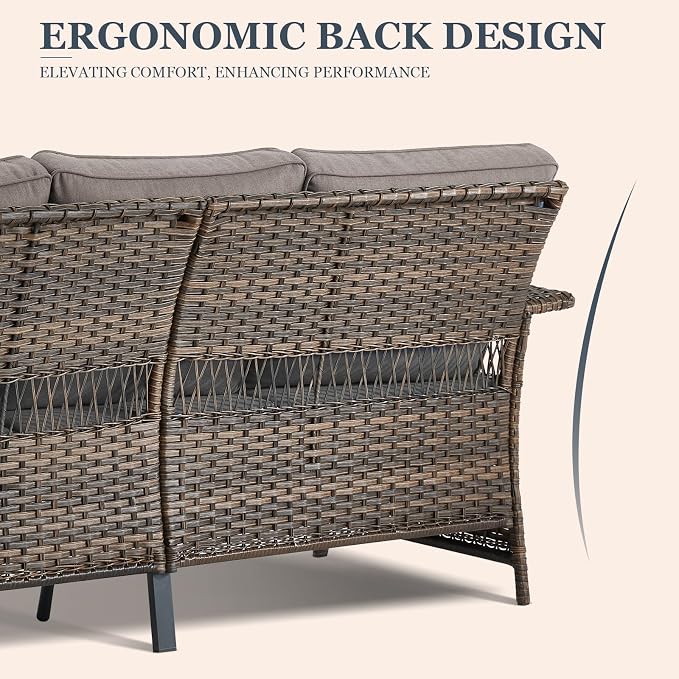 Patio Wicker Sofa 3-Seat Sofa Brown PE Rattan Couch with Water-Resistant Seat Back Cushions Resin Wicker Couch for Garden Balcony Backyard Deck Porch Sunroom, Sofa(1PC), Brown|Grey