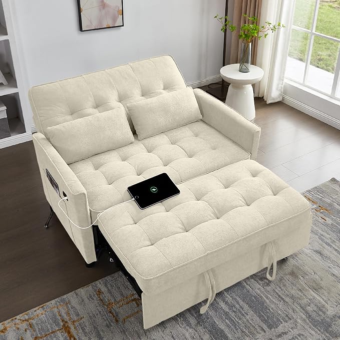 3 in 1 Convertible Sofa Bed, Pull Out Couch with Side Pocket, Sleeper Sofa with Adjustable Backrest | USB Charging Port | Two Pillows | Fabric | Ivory