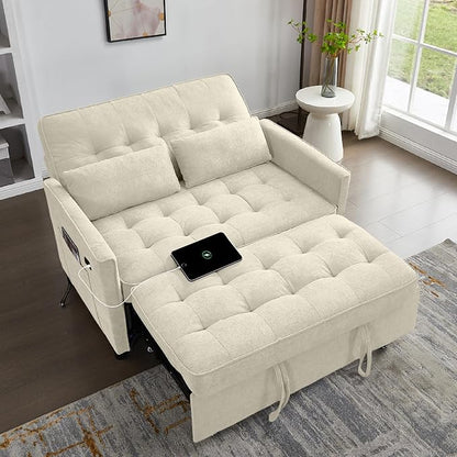 3 in 1 Convertible Sofa Bed, Pull Out Couch with Side Pocket, Sleeper Sofa with Adjustable Backrest | USB Charging Port | Two Pillows | Fabric | Ivory