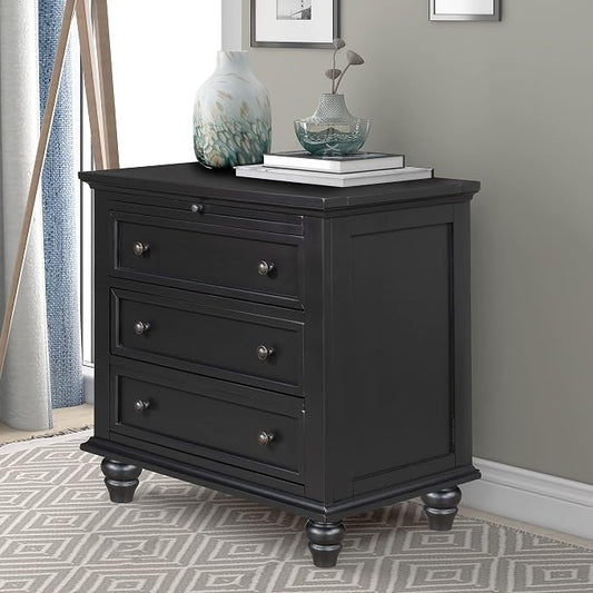 Merax Wood Nightstand with 3 Storage Drawers, Bedside End Table with Pull Out Tray, Black (No Guide Rails)