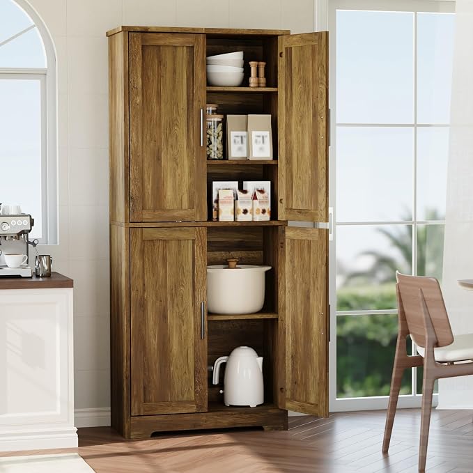 Garvee Modern Tall Pantry Cabinet – Freestanding Kitchen Storage Cupboard with 4 Doors & 3 Adjustable Shelves – Versatile for Living Room, Dining Room, Bathroom, Laundry, Utility – Barnwood Finish