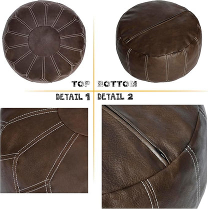 Thgonwid Unstuffed Moroccan Faux Leather Pouf Ottoman Cover with Storage - Boho Chic Multi-Use Footrest for Living Room, Bedroom, Patio - Round Ethnic Floor Cushion & Decorative Accent, Deep Coffee