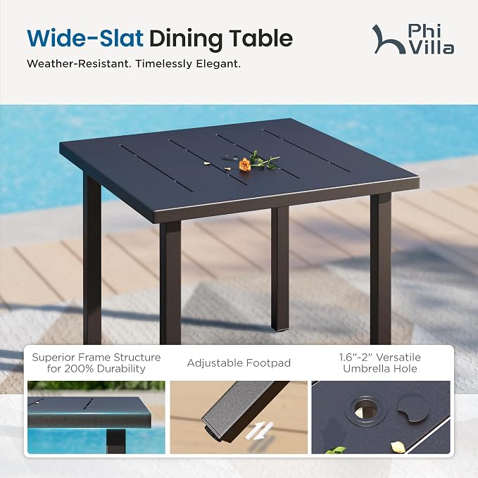 PHI VILLA 5 Piece Metal Patio Table and Chairs Set, 34.2" Metal Square Table with Umbrella Hole & Stackable Wrought Iron Chairs, All Weather Outdoor Dining Set for Patio, Deck, Backyard, Porch