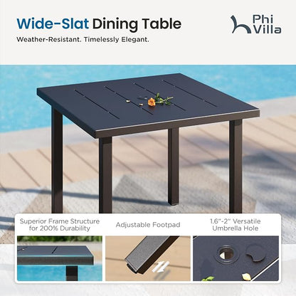 PHI VILLA 5 Piece Metal Patio Table and Chairs Set, 34.2" Metal Square Table with Umbrella Hole & Stackable Wrought Iron Chairs, All Weather Outdoor Dining Set for Patio, Deck, Backyard, Porch
