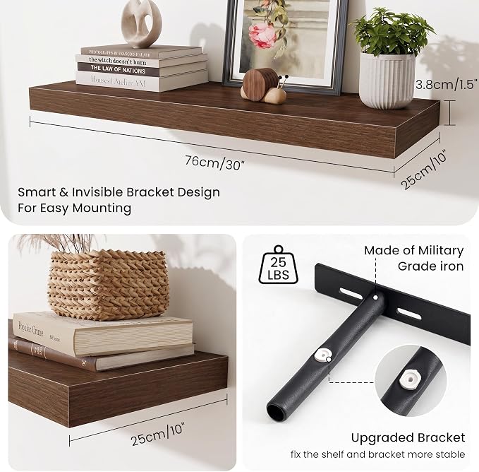 Fun Memories Floating Shelves for Wall, 30 Inch Long Floating Shelves Set of 3, 30 x 10 Wooden Shelves for Wall, Large Storage Shelves, Hanging Shelves for Bathroom Kitchen Bedroom, Walnut