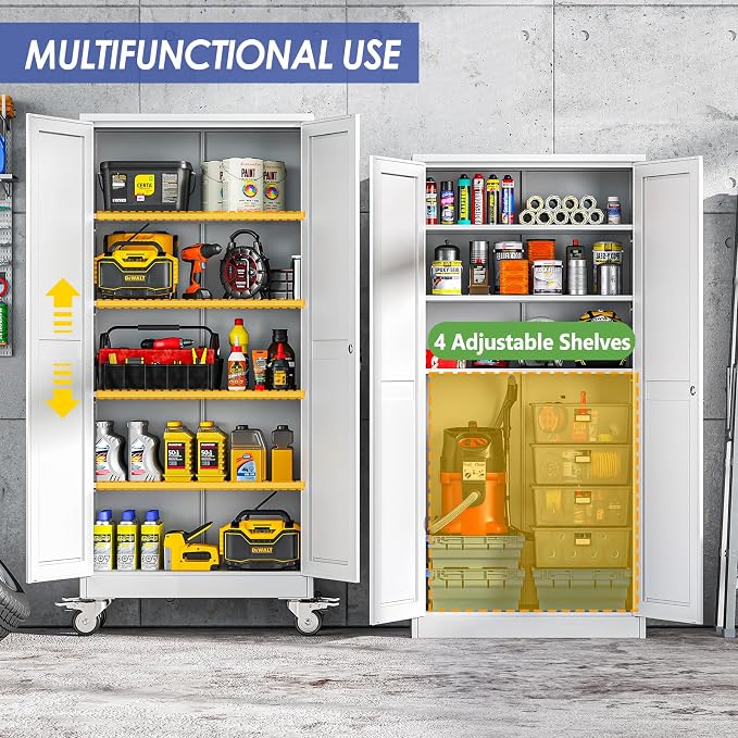 71" Metal Garage Storage Cabinet with Wheels and Locking Doors and Tall Rolling Steel Tool Cabinet with 4 Adjustable Shelves for Garage,Home,Office,Shop (White, 71''H x 30''W x15''D)