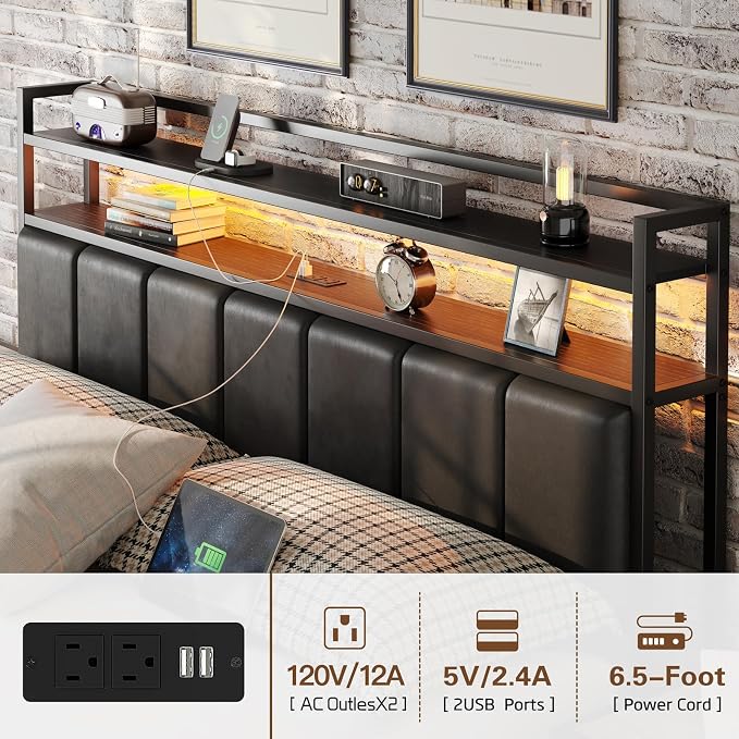 Twin Size Bed Frame with Upholstered Headboard and 2-Tier Storage Shelves | Metal / Charging Station / LED Lights / Under Bed Storage / Non-slip/ Noise Free / No Box Spring Needed / Black