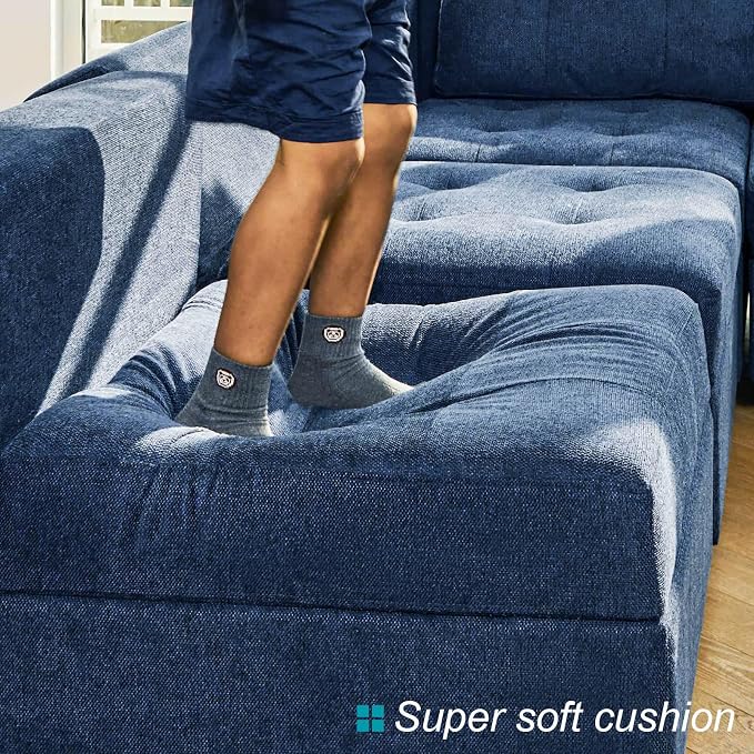 Belffin Blue L Shape 5 Seat Sofa with Storage, Reversible Chaise, Modern Sectional Cotton Polyester Wood Sofa