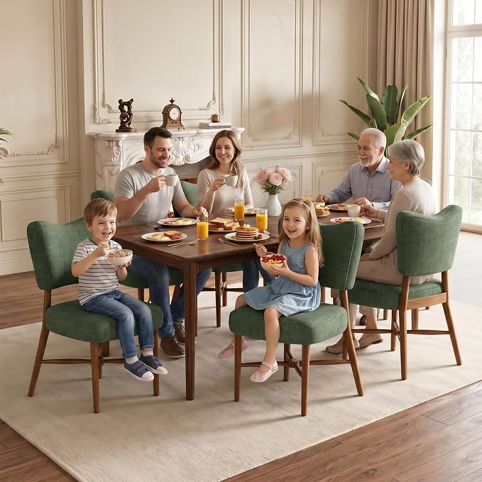 Dining Chairs Set of 6, Linen Upholstered, Solid Wood Legs, Green | Mid Century Modern Farmhouse, Cross-Brace Reinforced, Padded Cushion, Easy 15-Min Assembly, Kitchen Dining Room