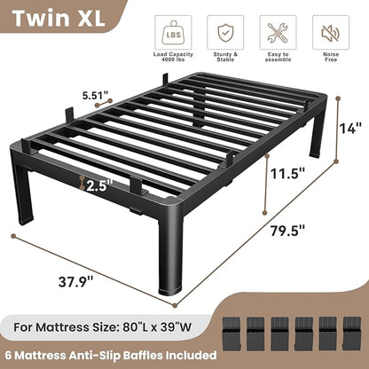MAF 14 Inch Twin XL Metal Platform Bed Frame with Anti-Collision Round Legs, Black 3500 Lbs Heavy Duty Bed Frame Steel Slats Support, No Box Spring Needed, Easy Assembly