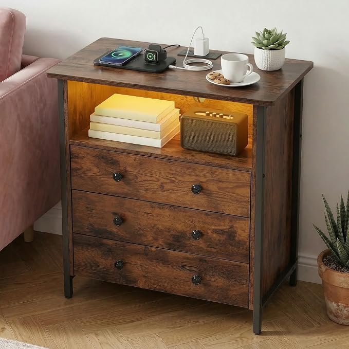 27 Inch Wide Nightstand Set of 2 with Charging Station, Large Nightstand Set 2 with 3 Wood Drawers & LED Lights, Big Bedside Table with Open Shelf for Bedroom, Guest Room, Office, Retro.
