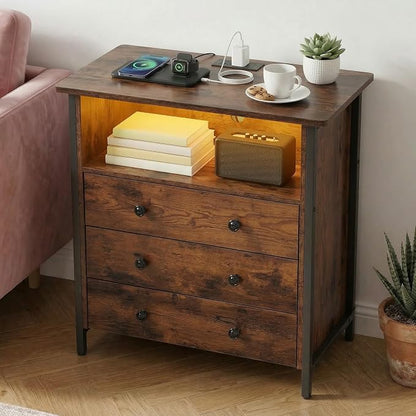 27 Inch Wide Nightstand Set of 2 with Charging Station, Large Nightstand Set 2 with 3 Wood Drawers & LED Lights, Big Bedside Table with Open Shelf for Bedroom, Guest Room, Office, Retro.